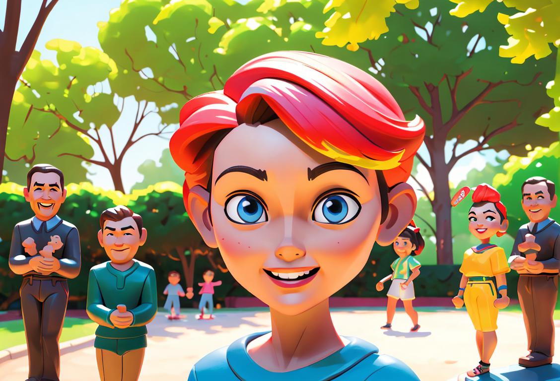 A joyful scene featuring a diverse group of people with bobblehead figurines, wearing colorful and retro outfits, in a lively park setting..