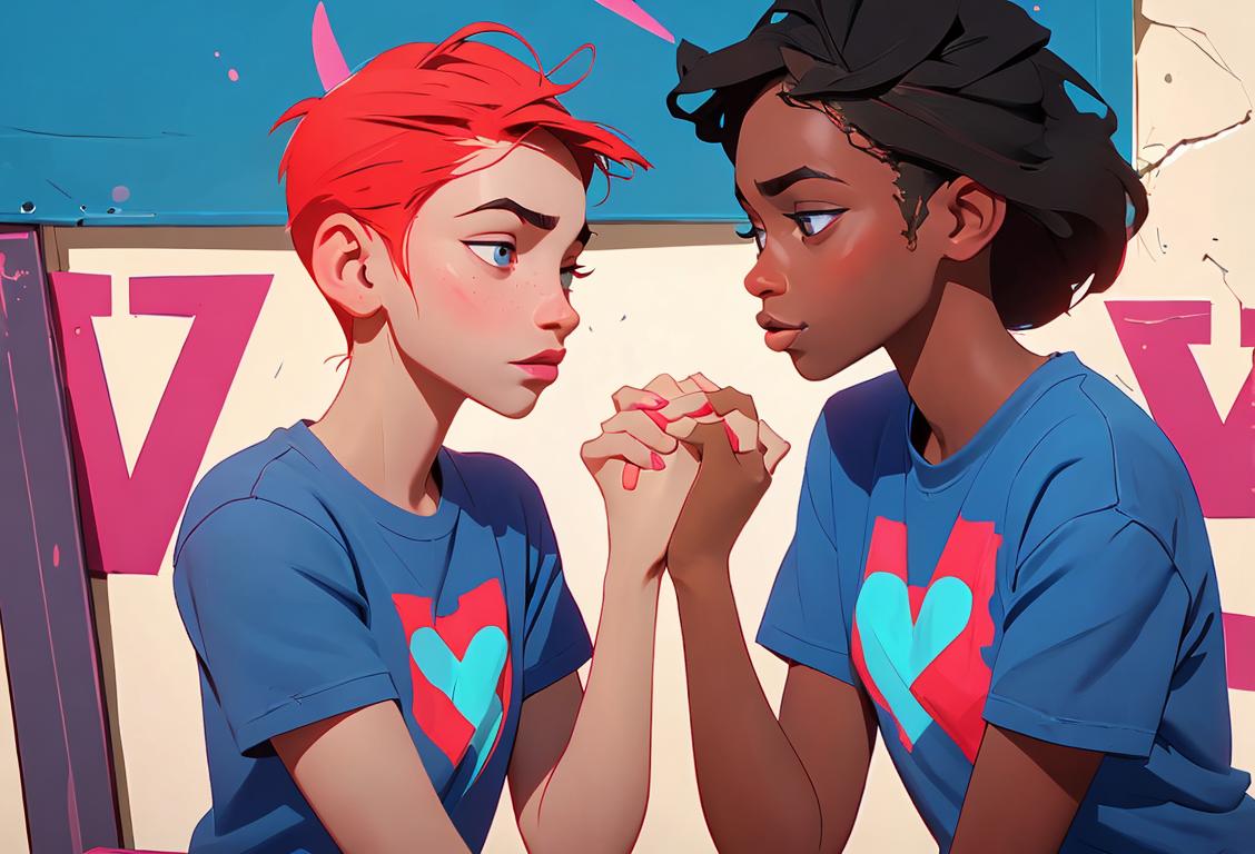 Young adult holding hands with diverse group, wearing HIV awareness t-shirts, vibrant urban background with a health clinic nearby..