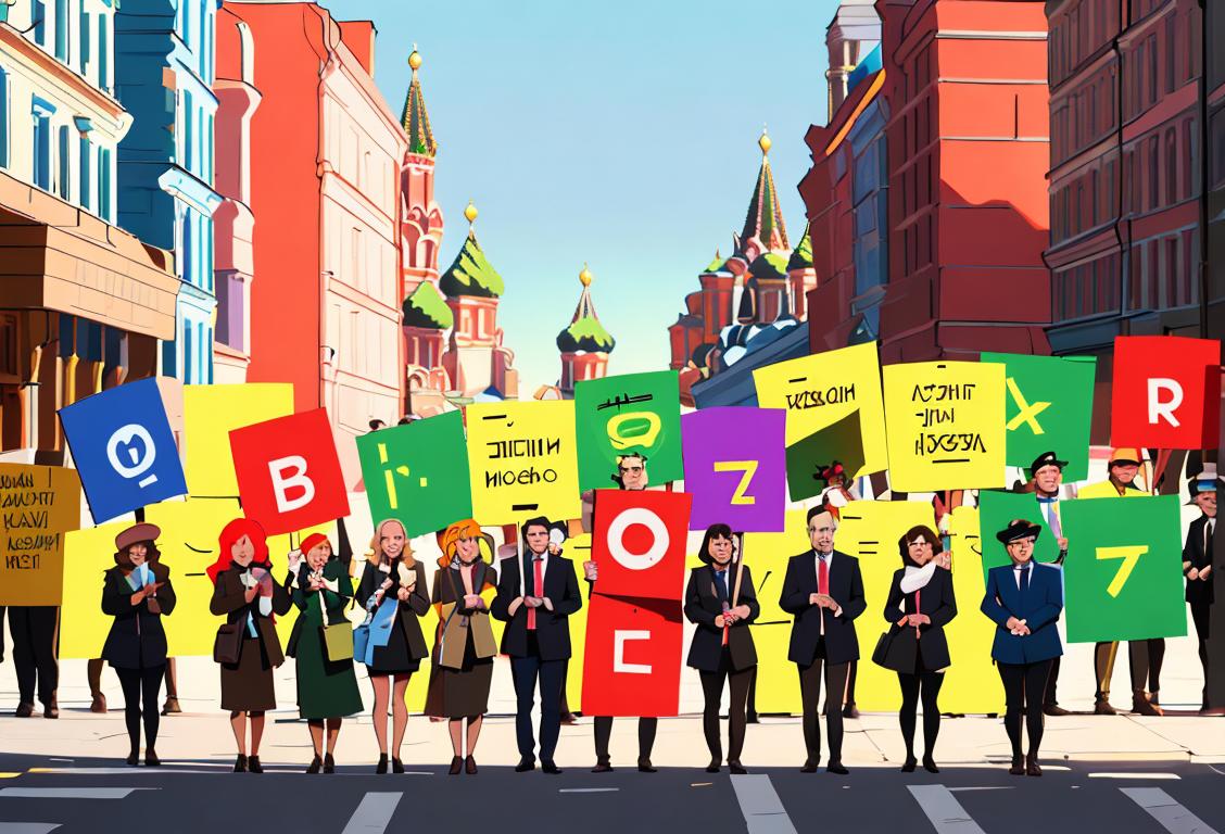 A diverse group of people holding colorful signs with empowering messages, dressed in a mix of casual and formal attire, in a vibrant city street setting..