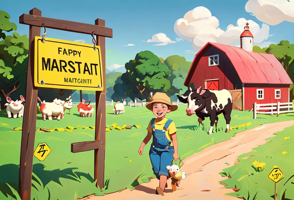 Happy children wearing colorful overalls, surrounded by farm animals and safety signs.