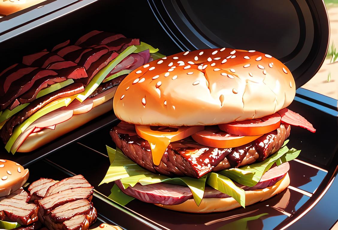 A chef grilling a mouthwatering, juicy hamburger brisket on a smoky barbecue, surrounded by a sunny backyard cookout scene..