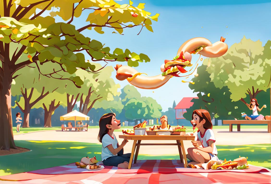 Joyful family gathered around a picnic table, devouring hot dogs with a variety of toppings, surrounded by an idyllic summer park scene..