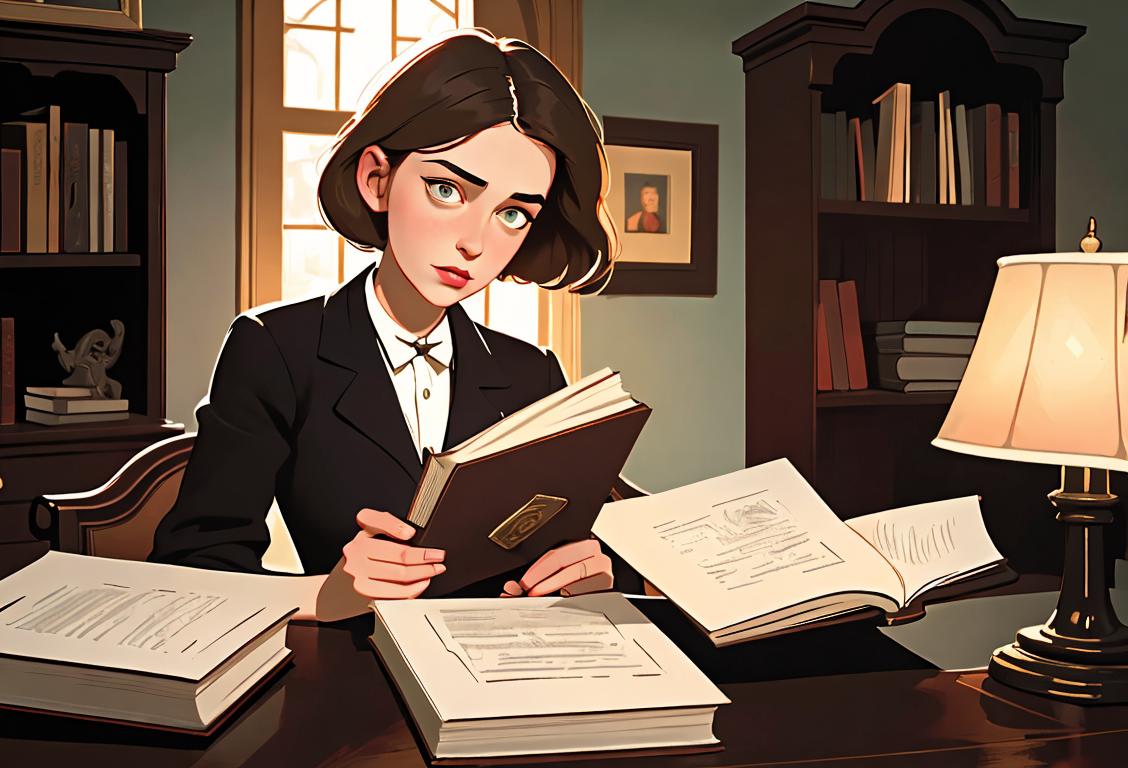 Young woman in vintage clothing, with a book in hand, surrounded by a cozy library setting, celebrating National Laurie Laurence Day..