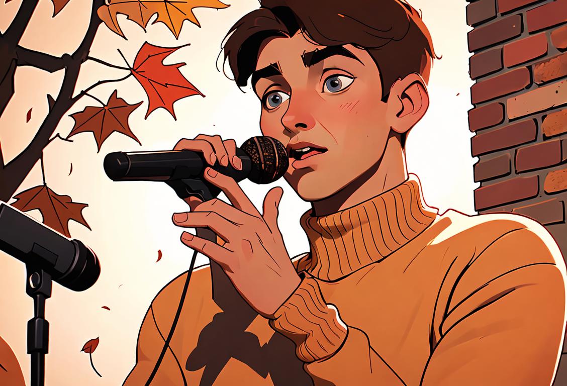 Young man in a cozy sweater, holding a microphone, autumn leaves in the background, vintage concert poster on a brick wall..