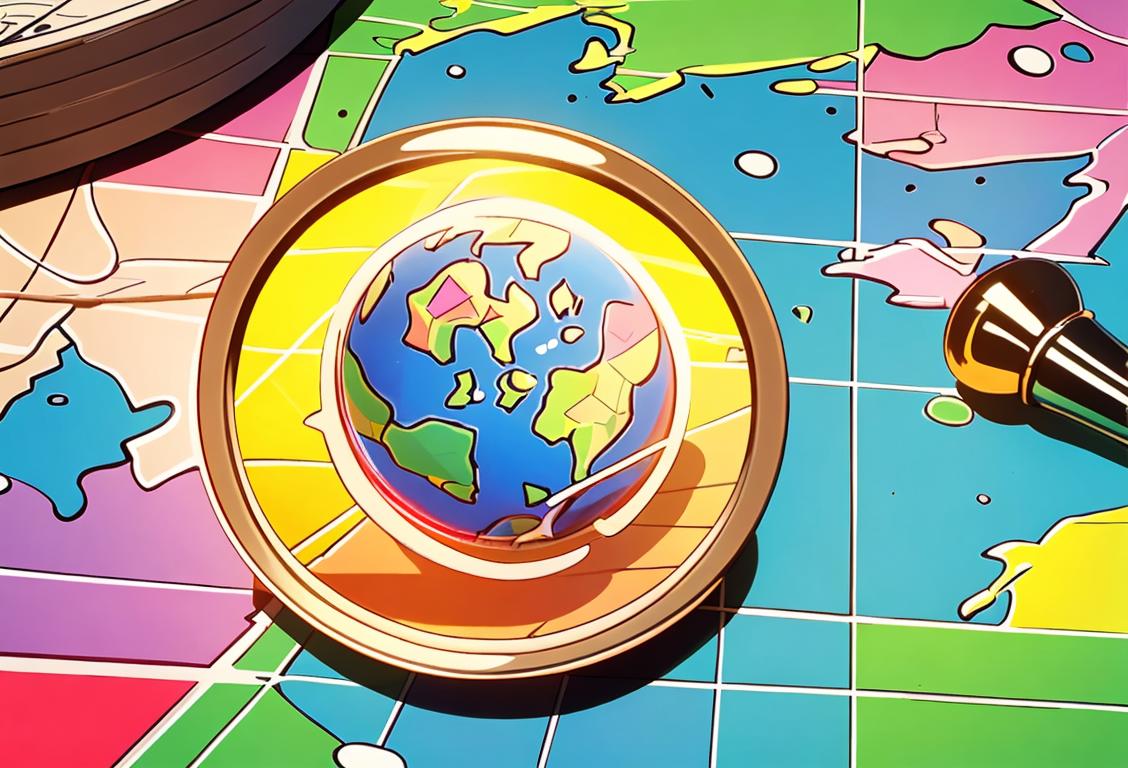 A close-up image of a brightly colored stamp featuring a famous landmark, placed neatly on a map with magnifying glass nearby..