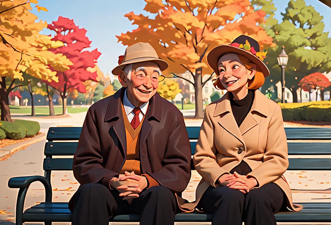 Smiling senior couple sitting on a park bench, wearing matching hats, surrounded by autumn colors and holding hands..