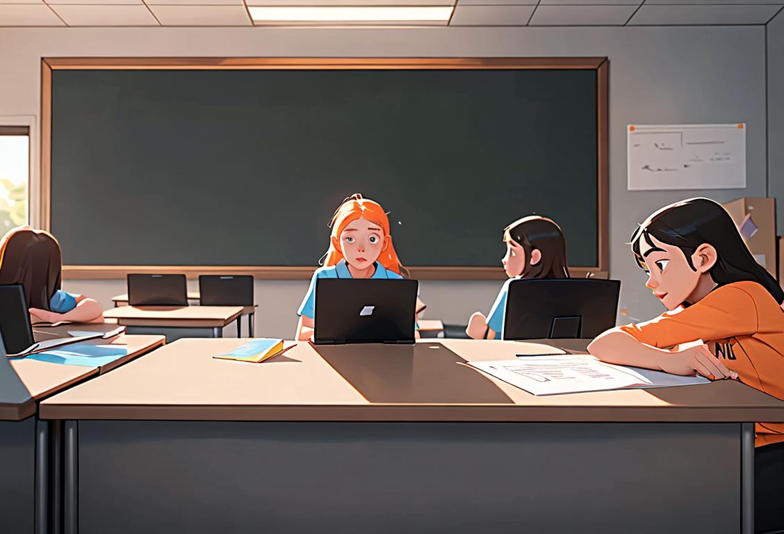 Young students sitting at a desk with laptops, surrounded by Amazon Prime Day banners and educational materials, in a vibrant classroom setting..