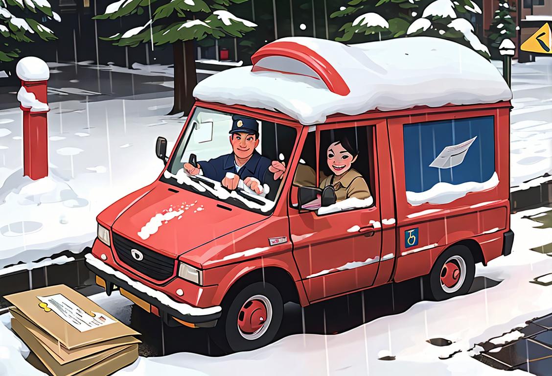 Postal worker in uniform, happily delivering mail in rain, snow, or shine, surrounded by colorful envelopes and packages..