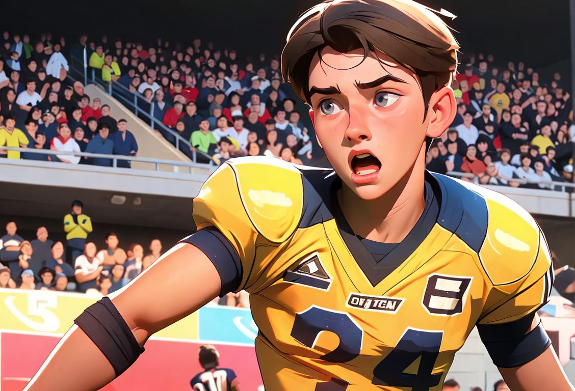 Young football player in a team jersey, catching a pass with determination, surrounded by cheering fans..