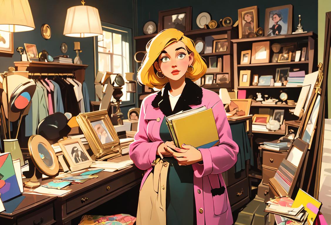 Young woman browsing through a thrift store, stylishly dressed in vintage clothing, surrounded by racks of eclectic and colorful second-hand items..