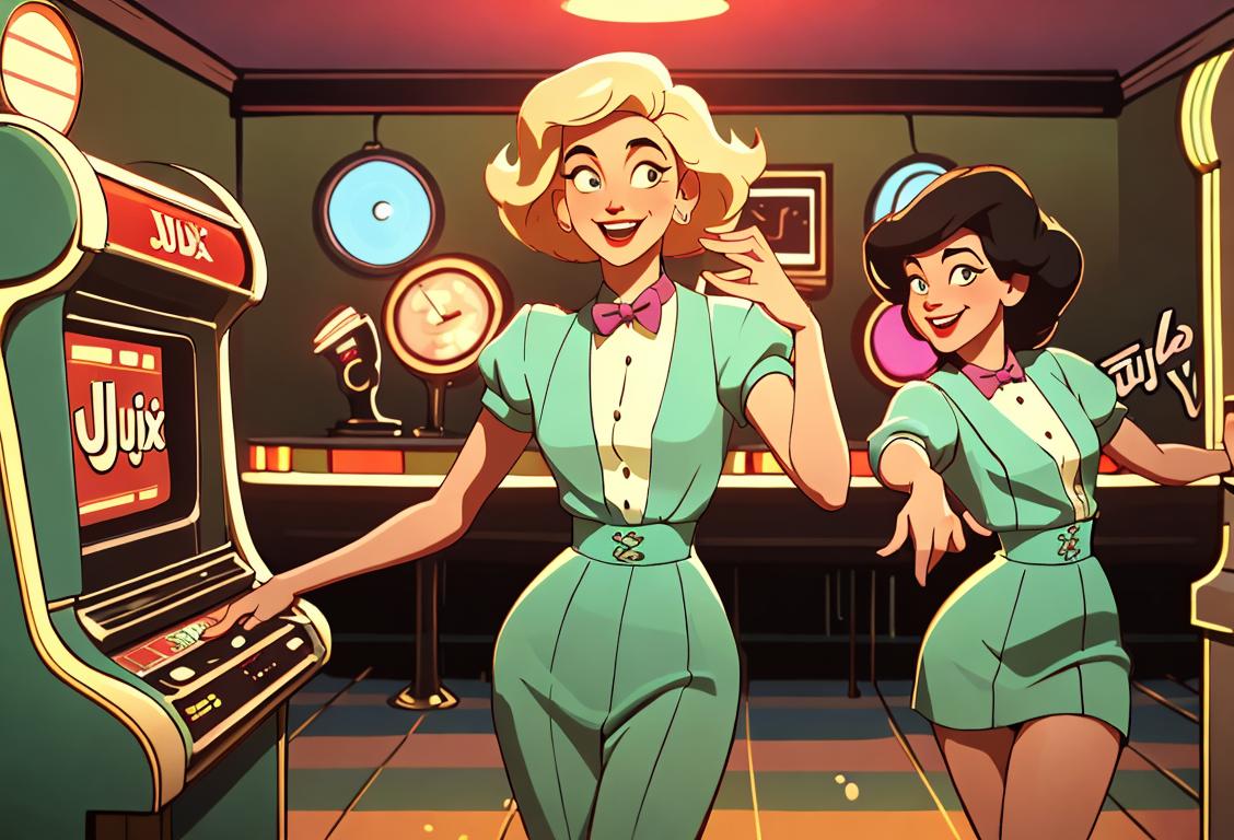 A group of friends gathered around a classic jukebox, dancing and smiling in a retro-inspired restaurant setting. Fashion includes vintage clothing and a jukebox in the background..