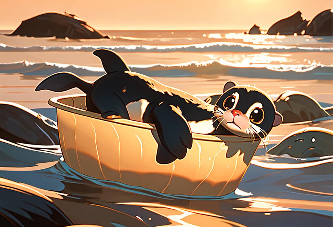 Adorable baby sea otter floating in the ocean, bathed in warm golden sunlight, surrounded by kelp and seashells.