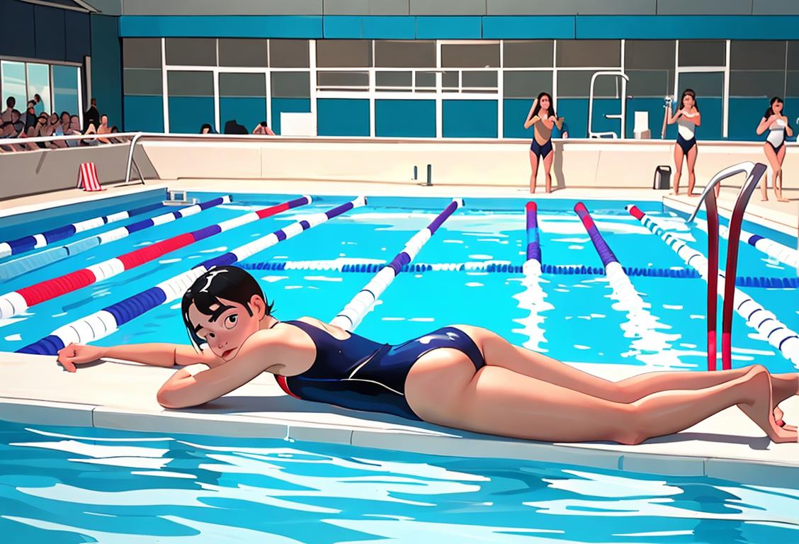 Young person breaking a swimming world record, wearing a sleek swimsuit, professional swimming pool setting, surrounded by cheering crowd..