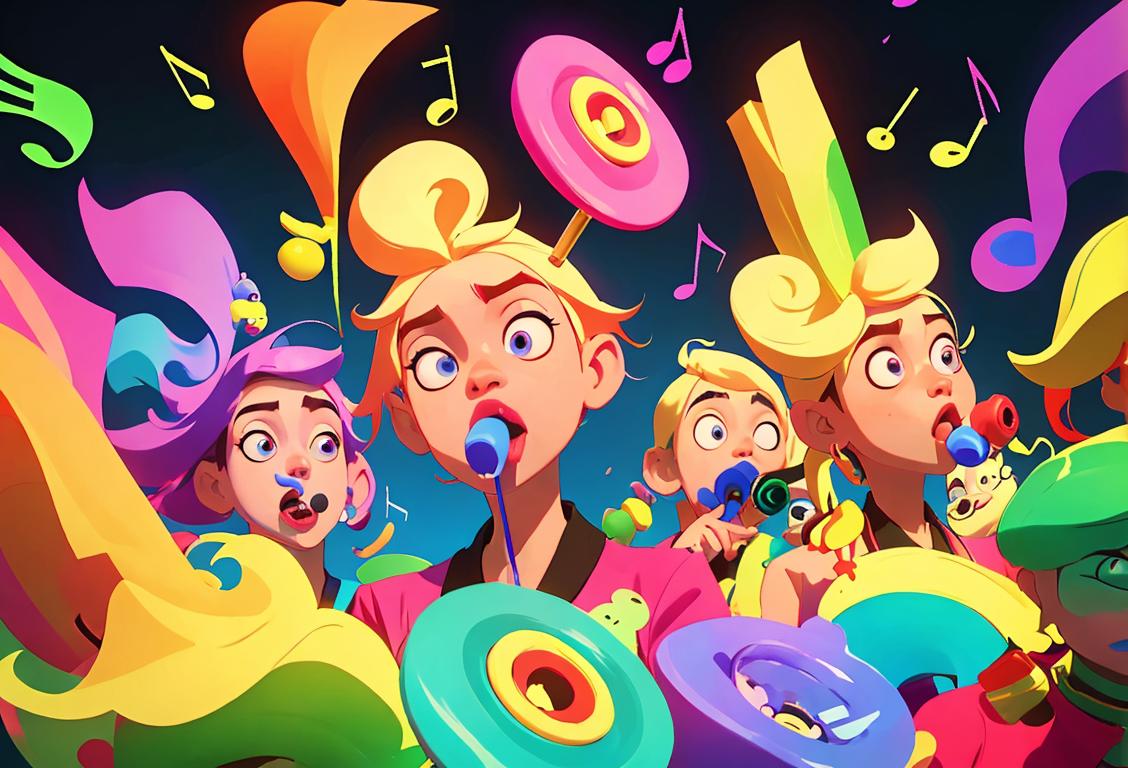 A diverse group of people joyfully playing kazoos while wearing colorful outfits and surrounded by music notes floating in the air..