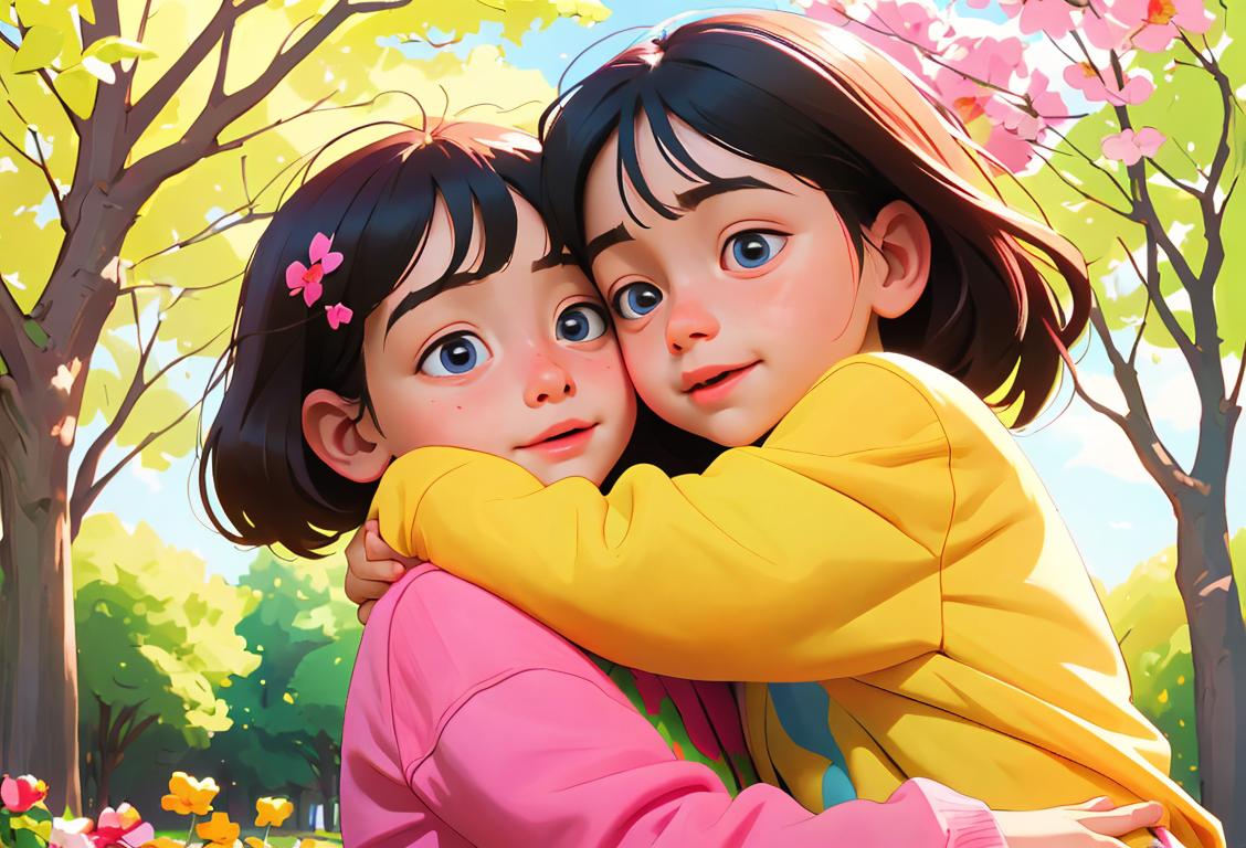 Young children happily hugging each other, wearing colorful clothes, surrounded by a park filled with flowers and trees..