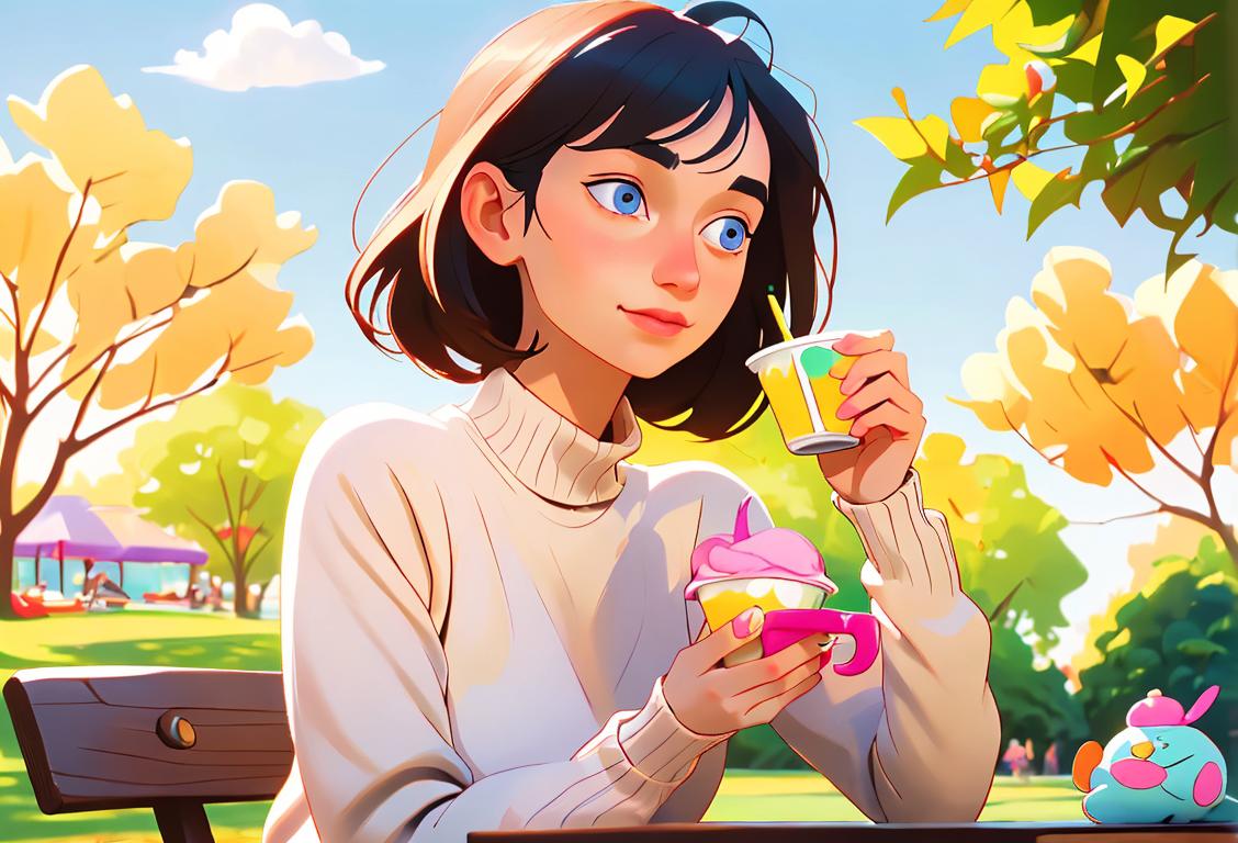 Young woman enjoying a cup of creamy yogurt, surrounded by colorful yogurt cups, wearing a cozy sweater in a sunny park setting..