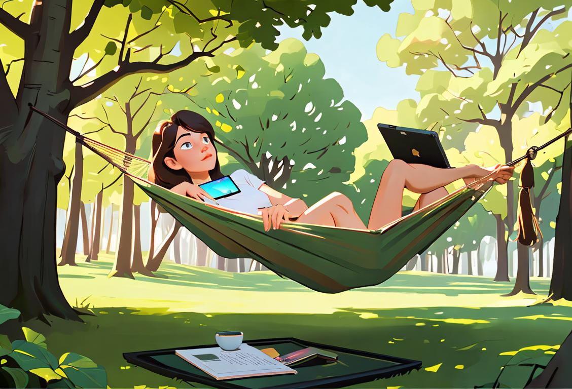 A person lying on a hammock, surrounded by nature-themed decor, wearing cozy loungewear, and holding a book or a tablet with a virtual reality headset nearby..