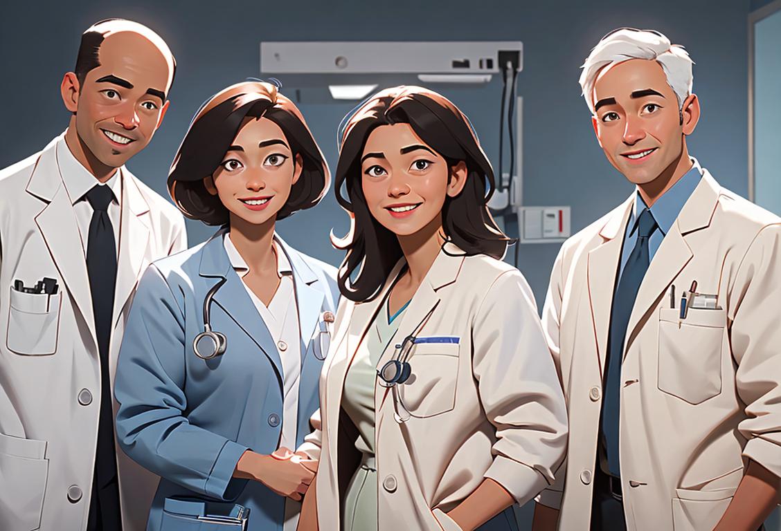 A diverse group of healthcare professionals in white lab coats, smiling and working together in a modern hospital setting..