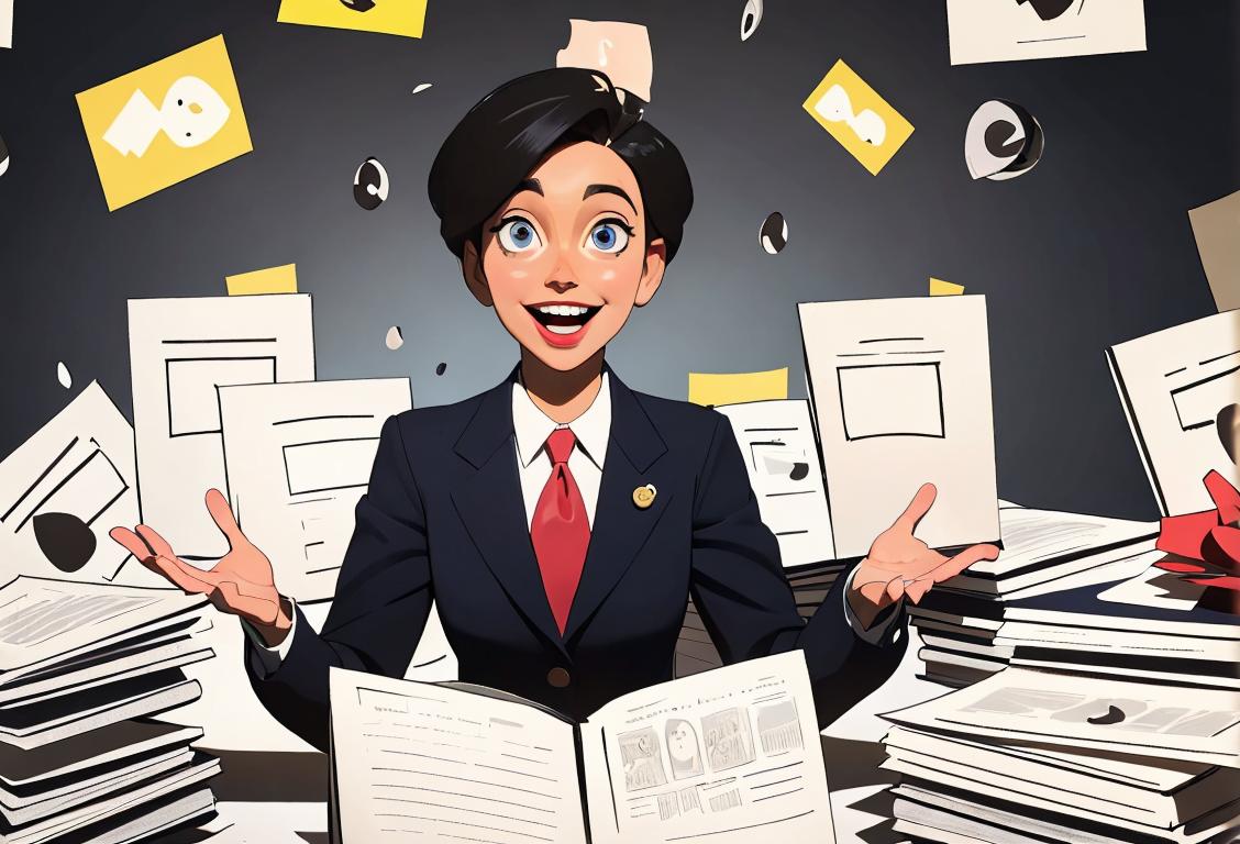 Cheerful news anchor with a big smile and stylish suit, surrounded by newsroom backdrop and stacks of newspapers..