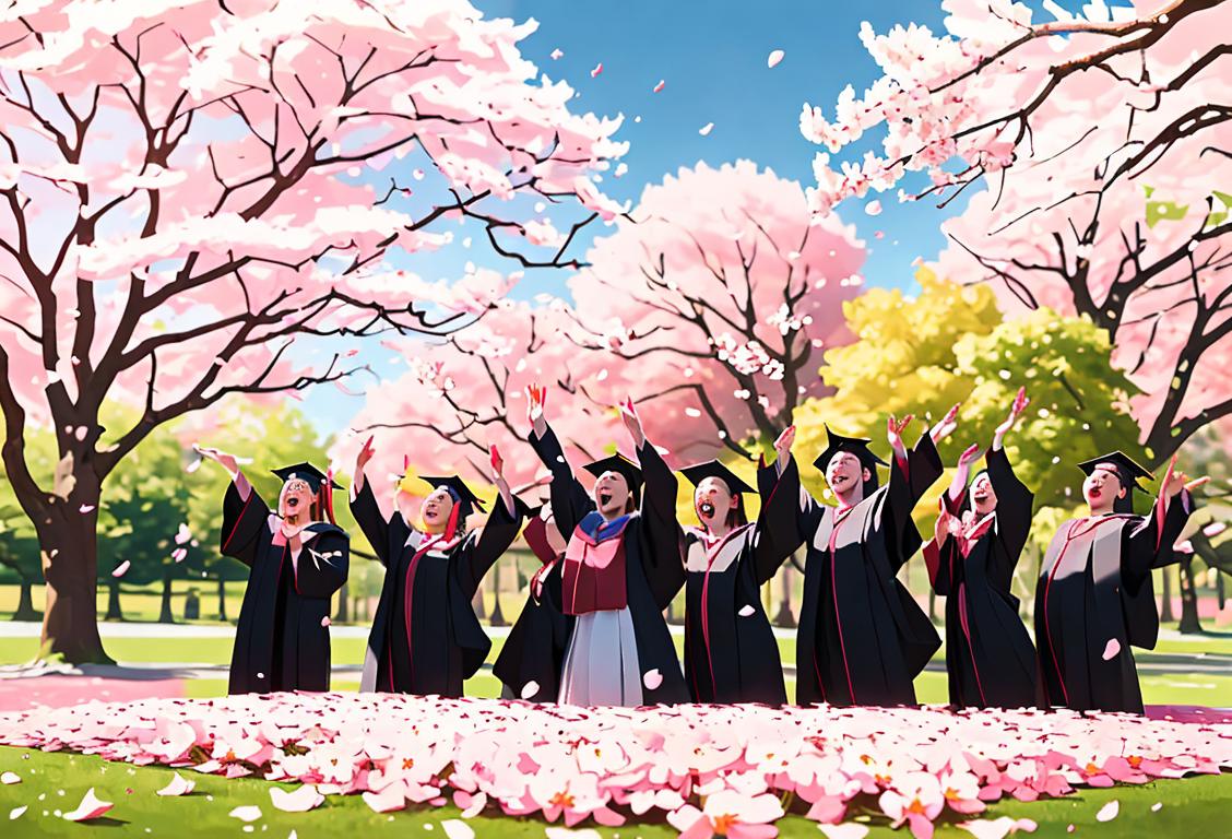 Group of ecstatic graduates in graduation robes, throwing caps in the air, surrounded by a university campus and blooming cherry blossom trees..