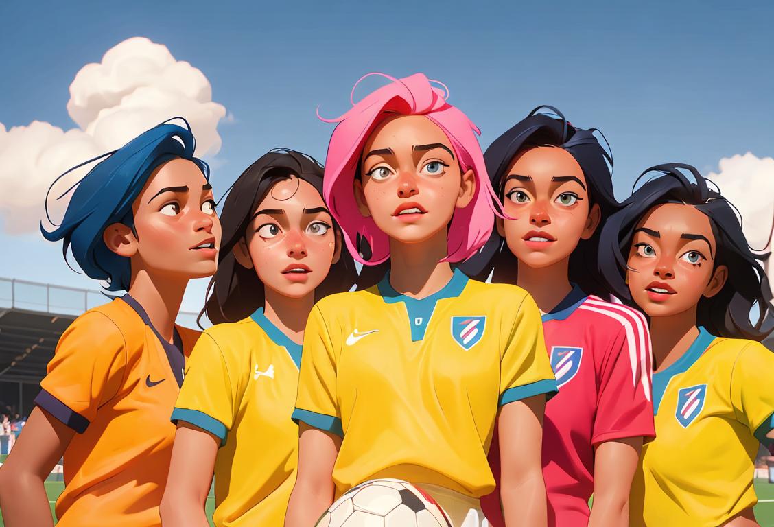 Young women in vibrant sportswear celebrating victory on a soccer field, showing unity and athleticism with a dash of colorful diversity..