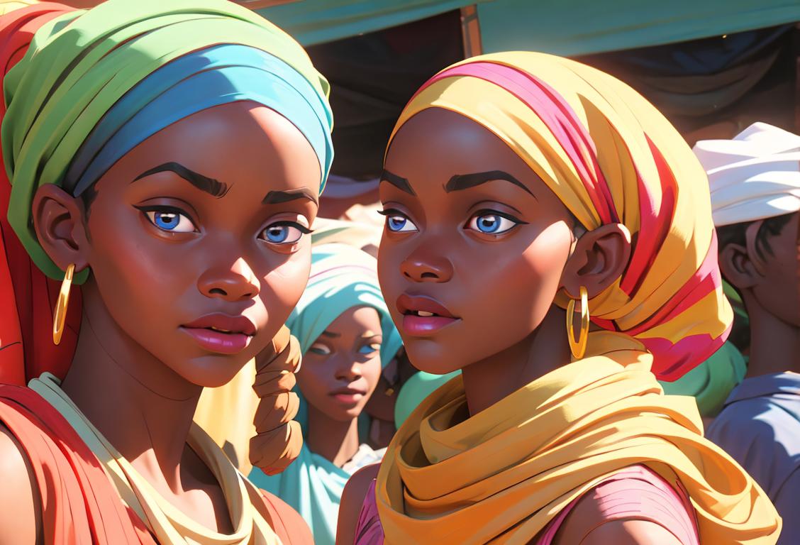 Young woman wearing a brightly colored doek, African fashion, bustling market scene with vibrant textiles and traditional accessories..