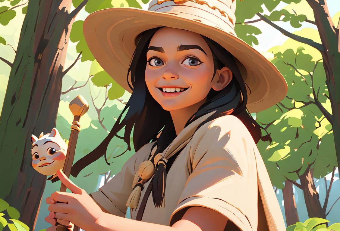 Young girl wearing a chief hat, smiling, holding a wooden staff, surrounded by nature and wildlife..