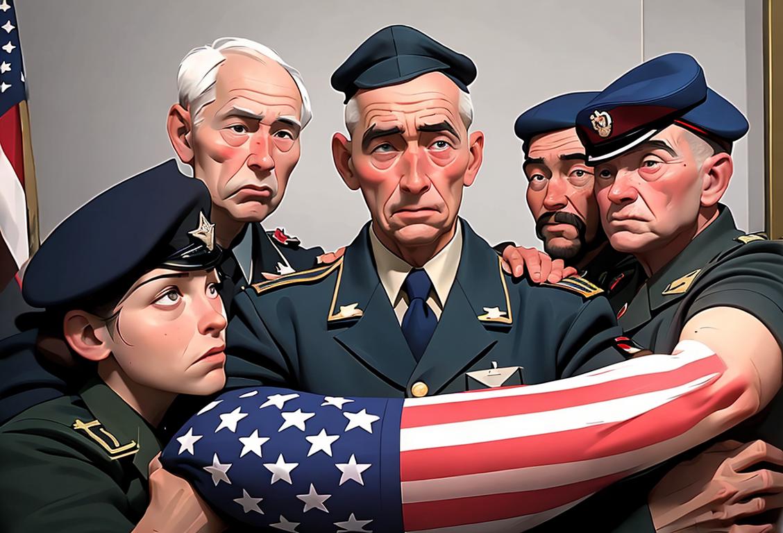 A group of people embracing a former prisoner of war, wearing military attire, surrounded by American flags and patriotic symbols..