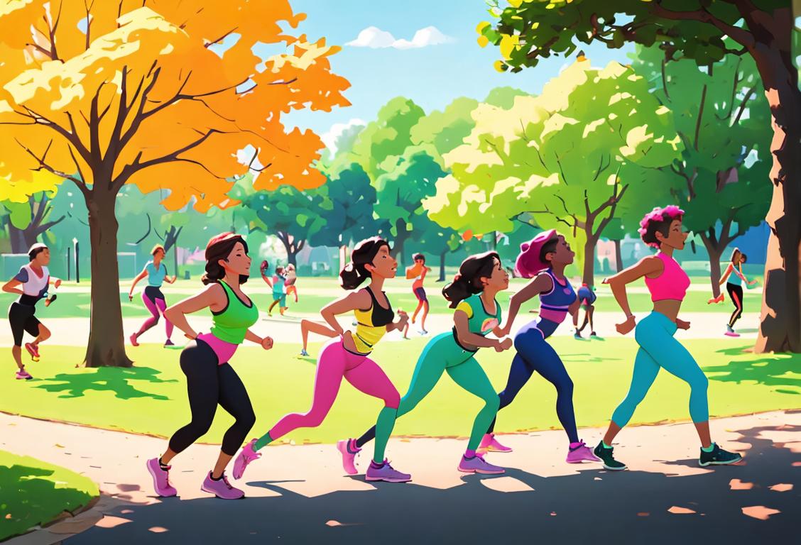 A diverse group of people, wearing colorful activewear, exercising outdoors in a park surrounded by vibrant nature..