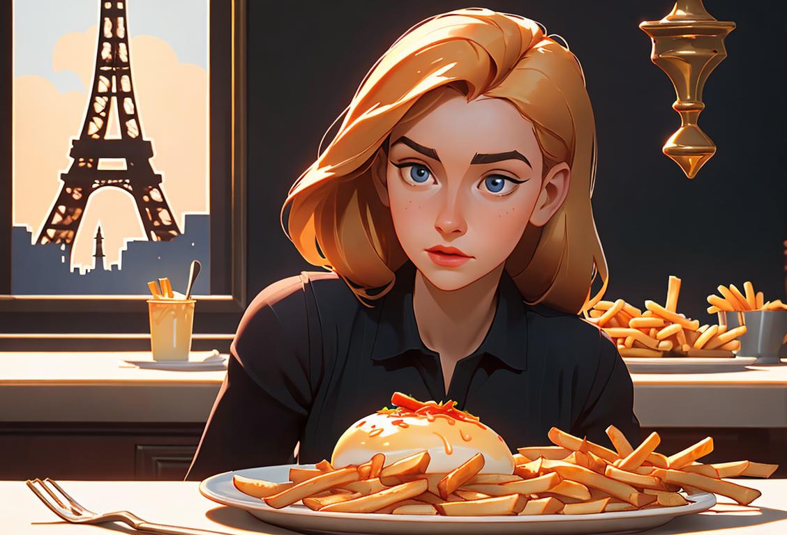A young woman holding a plate of golden julienne fries, wearing a chef's apron, classic French bistro scene with Eiffel tower in the background..
