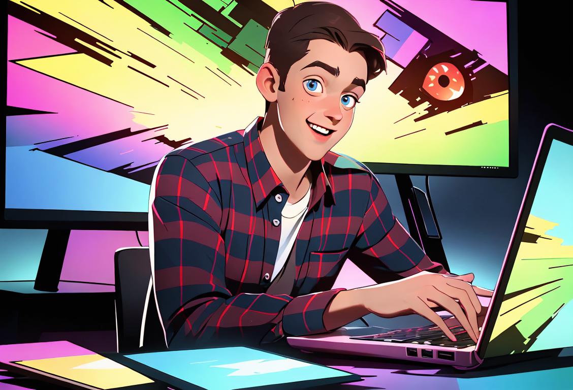 Happy young man in a plaid shirt, holding a laptop, surrounded by colorful computer screens, reflecting the dynamic and fast-paced nature of the national news.