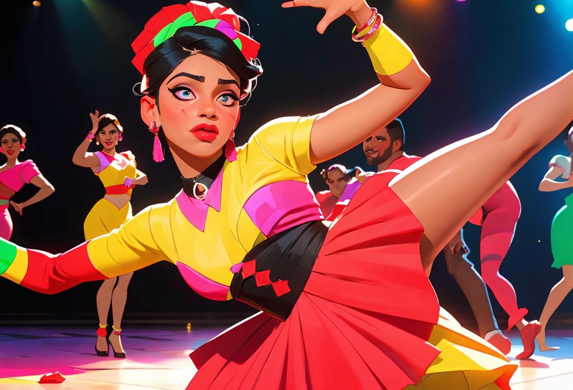 A diverse group of people dancing salsa in colorful attire, showcasing Latinx culture and raising HIV/AIDS awareness..