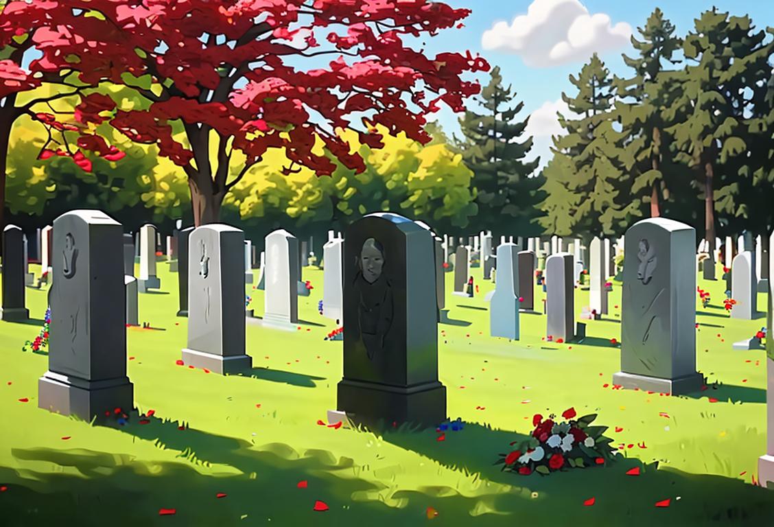 Group of individuals, including military personnel, placing wreaths on tombstones in a peaceful and respectful national cemetery setting..