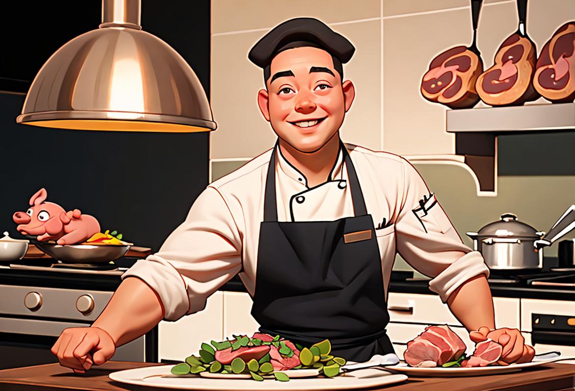 A smiling chef holding a platter of succulent pork dishes, wearing a classic chef's hat and apron, kitchen setting with sizzling pans..