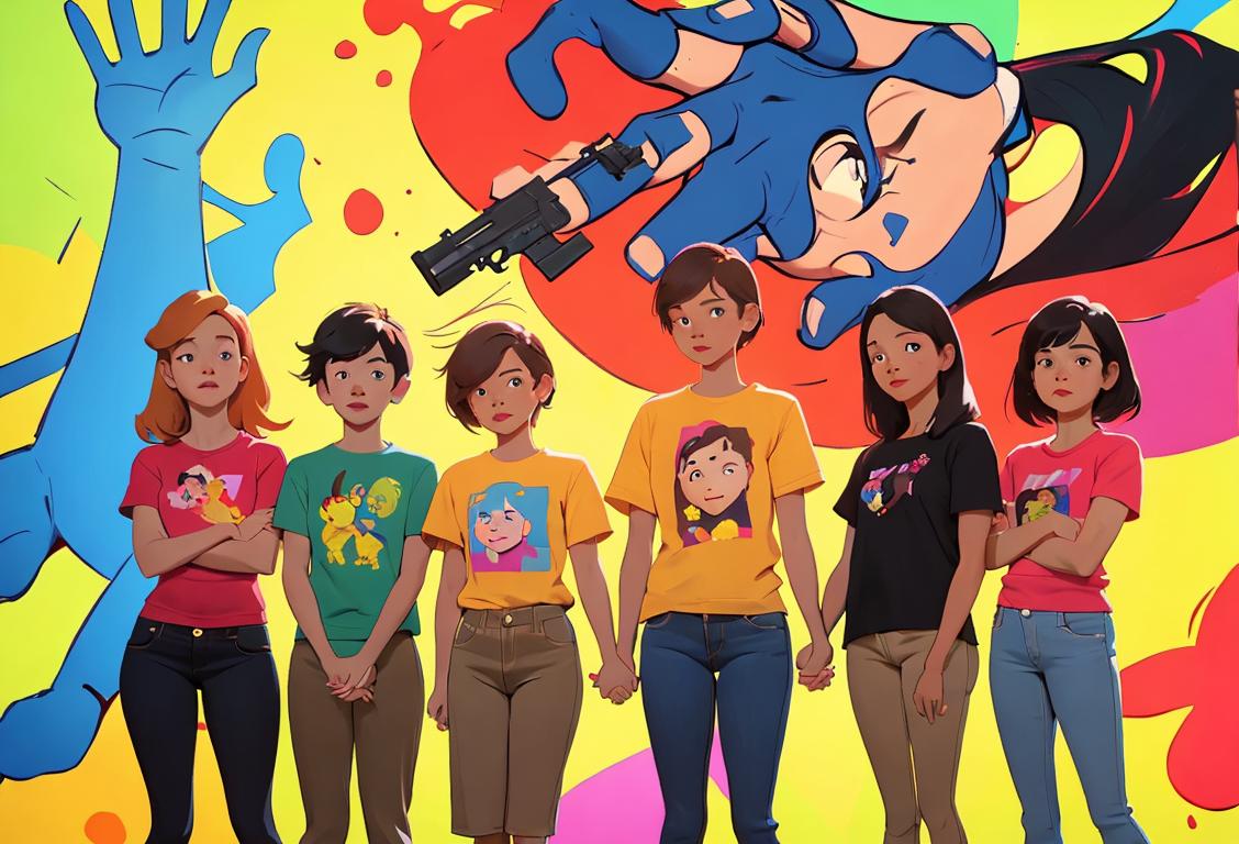 A diverse group of people wearing bright t-shirts and holding hands, standing in front of a colorful mural, promoting gun safety awareness..