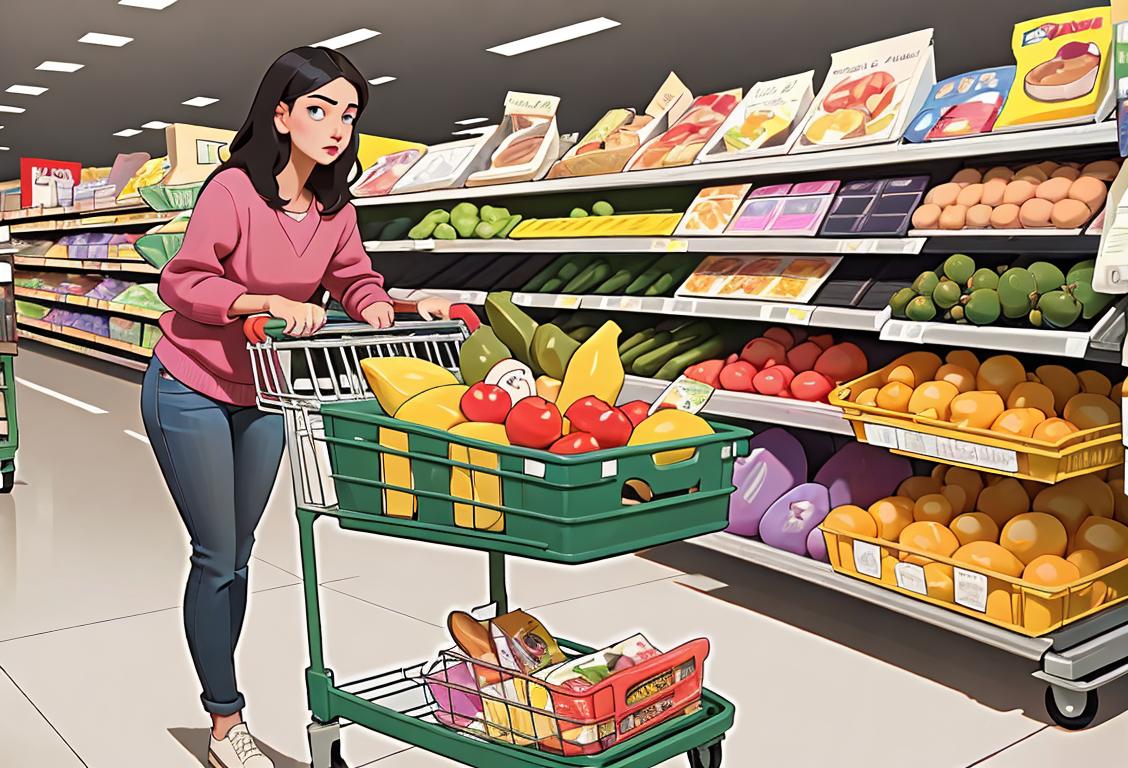 Young adult pushing a shopping cart, surrounded by shelves filled with products, wearing casual clothes, in a bustling supermarket..
