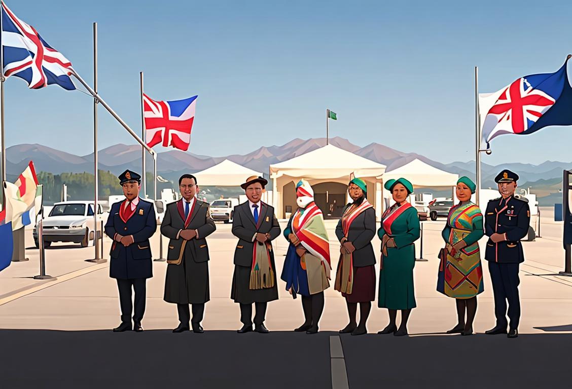 A diverse group of people standing in line at a border control checkpoint, dressed in different cultural attire, with flags of various countries in the background..