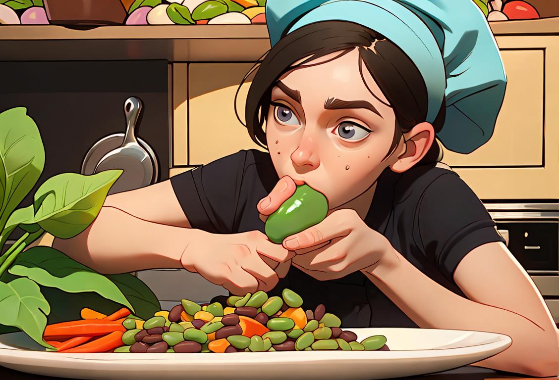 Young person eating beans, wearing a chef's hat, surrounded by colorful vegetables, in a lively kitchen scene..