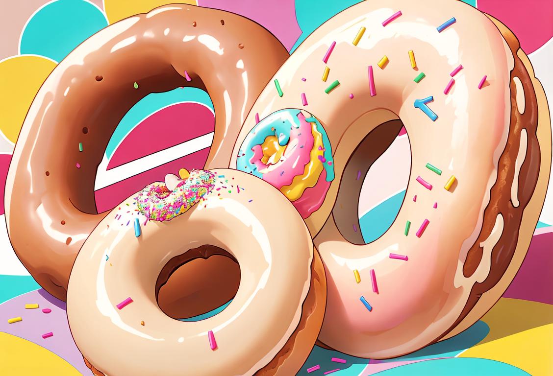 Cheerful person biting into a cream-filled doughnut, wearing retro clothing, colorful backdrop with sprinkles and confetti..