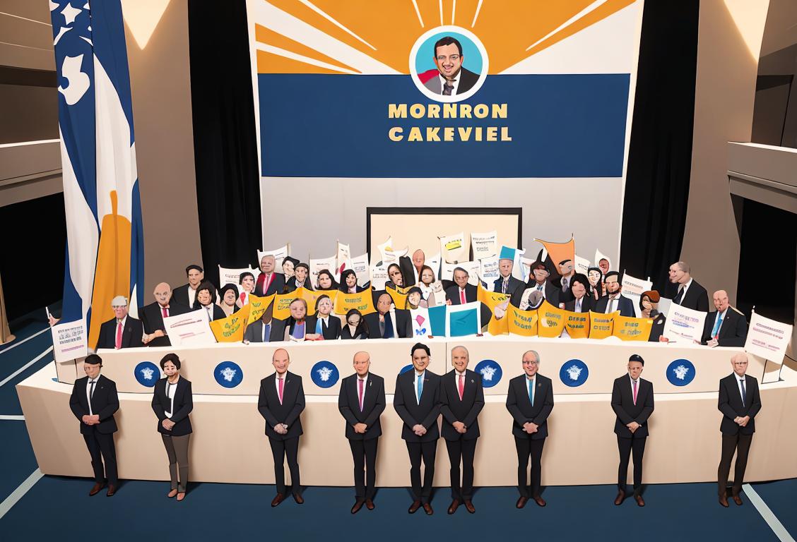 A diverse group of people in professional attire, holding badges, and smiling. Modern convention center setting with banners and booths..