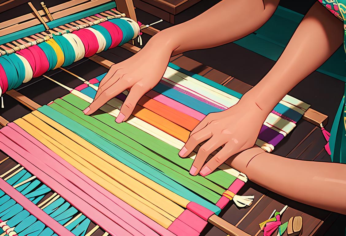 A skilled artisan weaving a colorful and intricate pattern on a traditional handloom, surrounded by vibrant textile materials and tools..