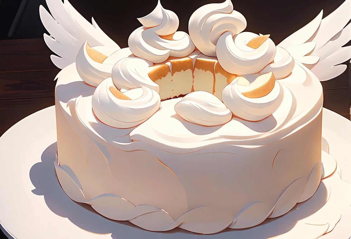 A joyful person, dressed in a white outfit, holding a slice of angel food cake, surrounded by fluffy clouds and heavenly decorations..