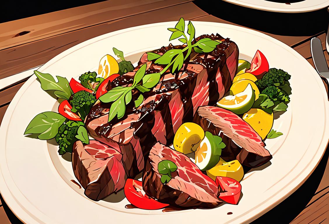 A juicy steak, pepper-crusted to perfection, served alongside a colorful blend of fresh herbs and vegetables. A rustic farmhouse table sets the scene for a delightful dining experience..