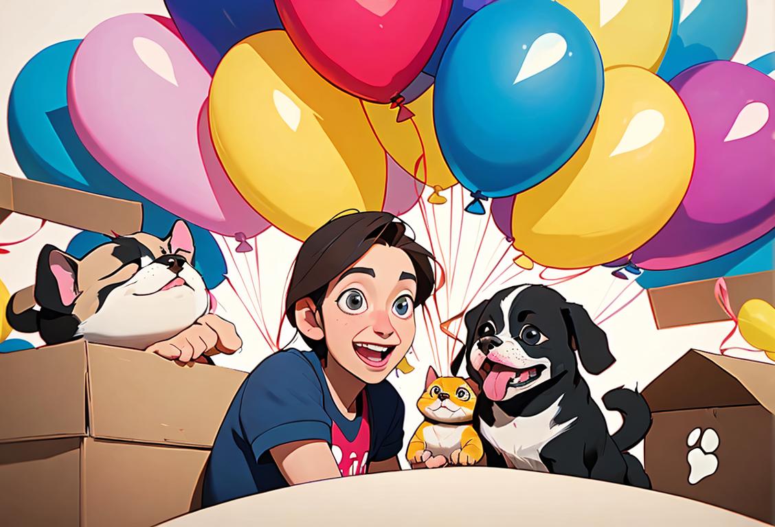 A cheerful family with their newly adopted pet, surrounded by balloons and a sign that says 'Welcome Home!'.