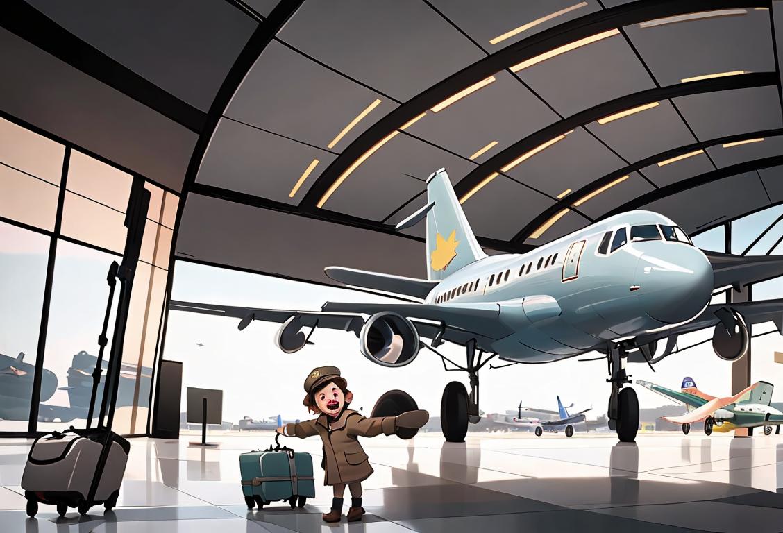 A joyful child, wearing a pilot hat, exploring an airport with fascination, surrounded by planes and luggage carts..