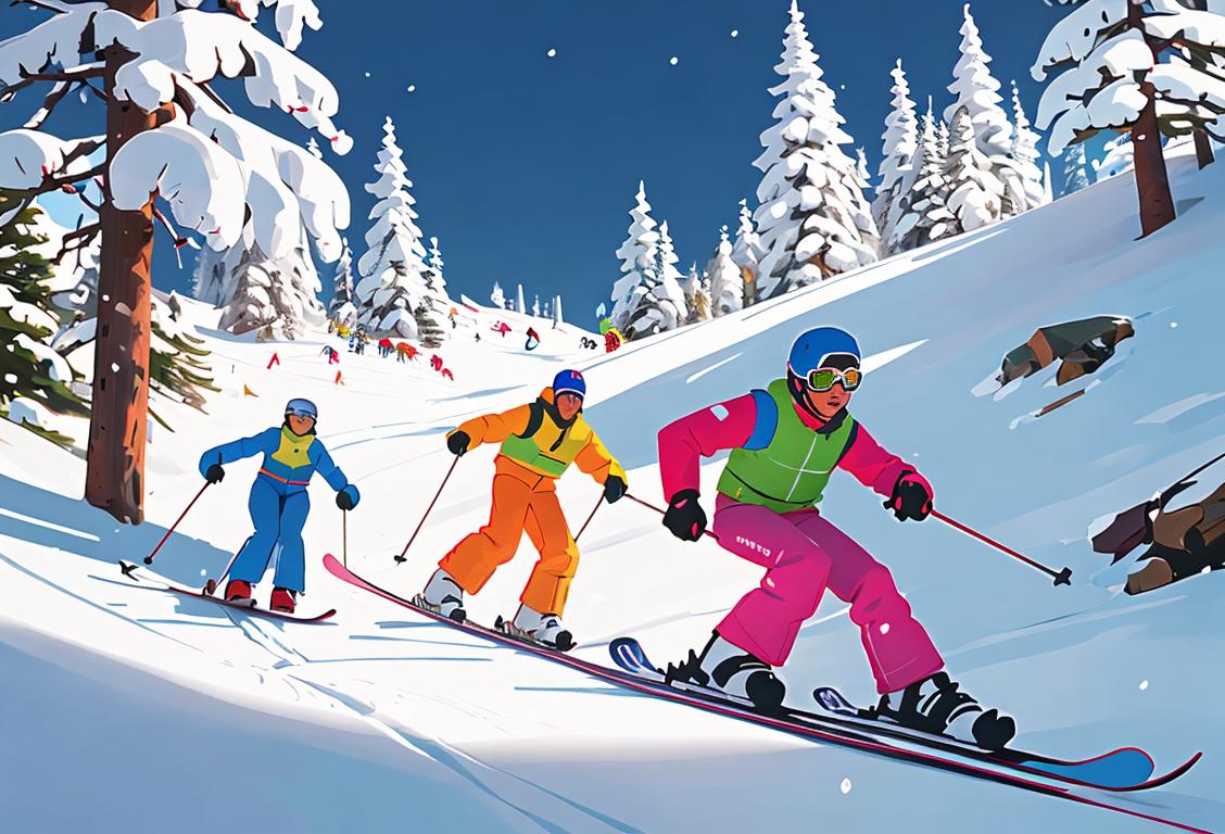 Group of ski enthusiasts, dressed in colorful skiing attire, racing down a snowy mountain, surrounded by pine trees..
