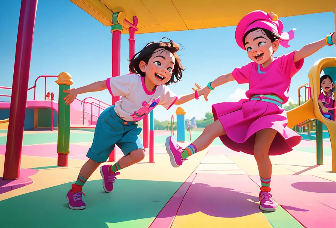 A group of children with colorful outfits and funny accessories, playing and laughing together in a vibrant playground..