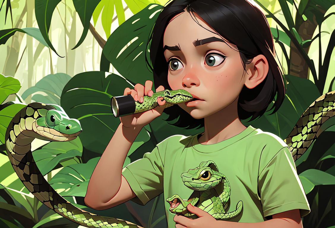A child holding a snake wearing a nature-inspired t-shirt, exploring a lush rainforest, with a magnifying glass in hand..