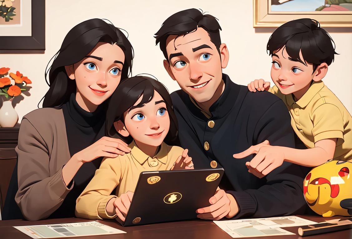 A friendly family with a warm atmosphere, home setting, dressed casually, smiling, surrounded by financial security symbols..