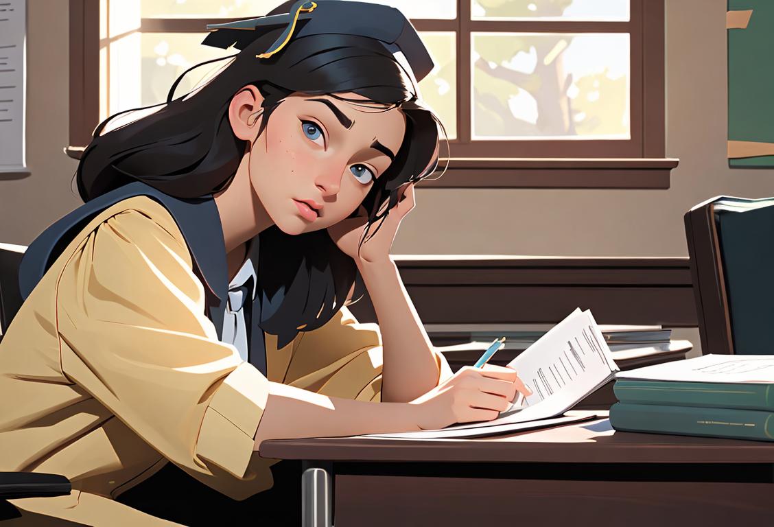 Young woman taking a test, wearing a graduation cap, sitting at a desk, surrounded by textbooks..